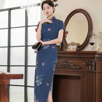 Лято 2023, Нова модерна дълга пола Чонсам, синьо атласное рокля Мода за самоусъвършенстване, банкет в китайски стил, Ципао за жени