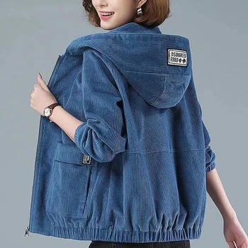 Вельветовое късо палто 5XL дамски колекция 2023, пролет-есен, Нова корейска свободна однотонная яке с качулка, Модерно ежедневното дамско палто с цип, върхове