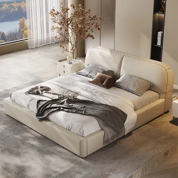 Легло от естествена кожа, модерна минималистичная легло в основната спалня, италианска минималистичная двойно легло голям размер 1,8 м, кожена художествена легло за съхранение