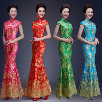 Червено, синьо, зелено луксозно китайското традиционната сватбена рокля Ципао, сватбената рокля на Русалка, рибя опашка, азиатски стил, къс ръкав