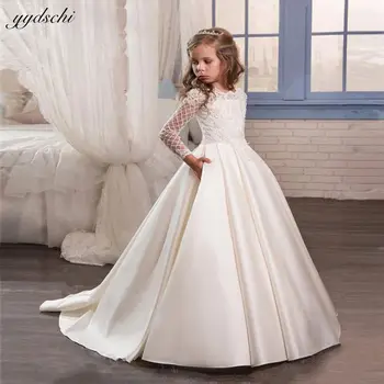 Елегантна рокля с дълъг ръкав в бял цвят/цвят на слонова кост за момичета в цветенце на сватбата 2023, сатен апликации, рокля за първо причастие на принцеси за деца