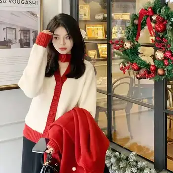 Жена пуловер есен-зима 2023, Нов корейски стил, нежна цветови контраст, лоскутный дизайн, без вязаный жилетка
