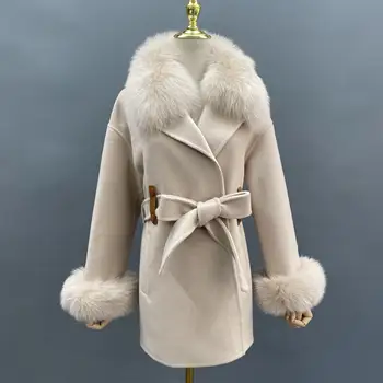 JANEFUR Дамско зимно палто с яка от естествен лисьего кожа, вълна кашемировое палто с колан, Луксозни едро дамски зимни якета
