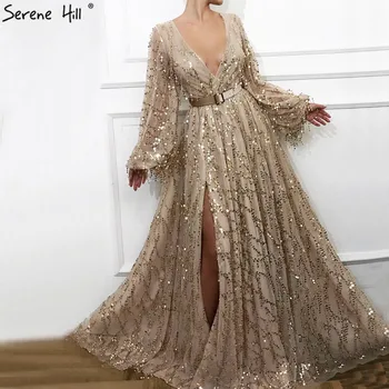 Най-новите Дизайнерски Луксозни Вечерни рокли с Пайети 2023, Дубай, Секси Вечерни Рокли с дълги Ръкави и V-образно деколте LA60789