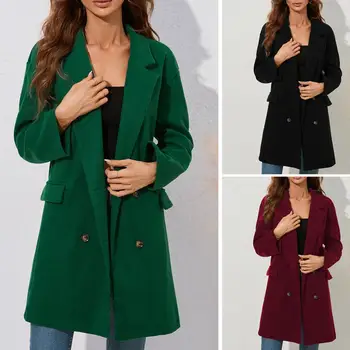 Дамско палто двубортное с дълги ръкави и ревери, обикновена джобове, топло свободно ежедневното дамско зимно палто със средна дължина за пазаруване
