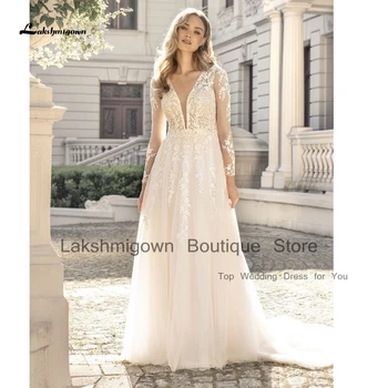 Сватбена рокля Lakshmigown Boho с дълъг ръкав и Дълбоко V-образно деколте, Секси Сватбени Плажни Рокли с Копчета Отзад, Partykleider 2023