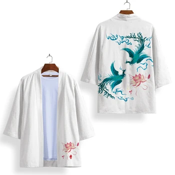 Ново записване, мъжки ризи-жилетка юката, градинска облекло Хаори, върховете в японски стил, традиционно кимоно с бял принтом на Феникса