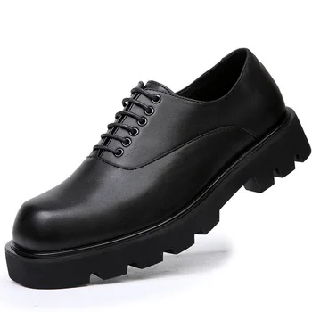 Мъжки обувки-дерби дантела, мъжки модела обувки от естествена кожа с квадратни пръсти на платформа, ежедневни обувки за сватба-oxfords, бизнес официалната обувки