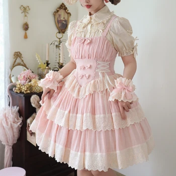 Японското Облечи Kawaii Lolita Jsk Жената е Сладка Рокля С Дантелено Рюшами и Лък, Рокли-Слинги Без Ръкави във Викториански Готически Стил, Вечерна Мини-Рокля на Принцеса