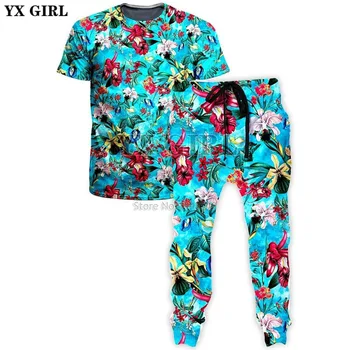 YX МОМИЧЕ, мъжки и дамски градинска облекло, модна тениска, синя тениска с флорални принтом и джоггеры, комбинирана лятна ежедневни тениски с 3D принтом