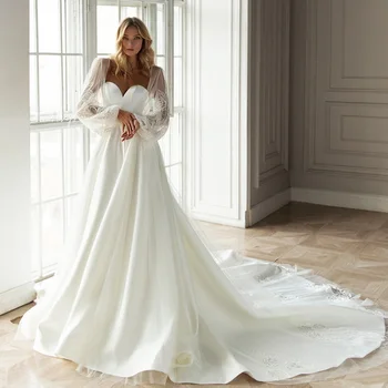 Висококачествен сатен за сватбени рокли с фатиновым влак за младоженци 2023, дреха за придворни дами