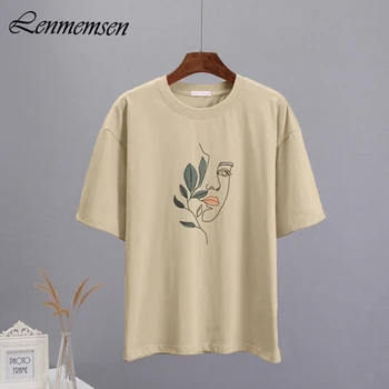 Lenmemsen, абстрактни естетически графични тениски, дамски летни универсални тениски от 100% памук големи размери, дамски ежедневни блузи с къс ръкав
