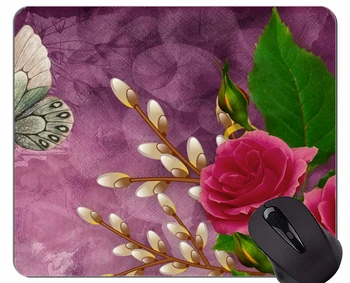 Подложка за мишка от нескользящего естествен каучук, правоъгълни подложки за мишки, в краищата с бродерия в формата на пеперуда във формата на рози