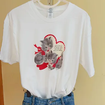 Тениска с Изображение на Коте 70-те години в стил Ретро, Бели Тениски, Лятна Ежедневни Тениска Оверсайз, Женска Тениска В Ретро Стил, Плажна риза За Почивка