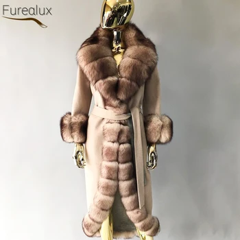 Палто от естествена вълна FUREALUX с яка от лисьего кожа голям размер, зимно лесно луксозно, модерно и топло женско улично рокля, ново записване