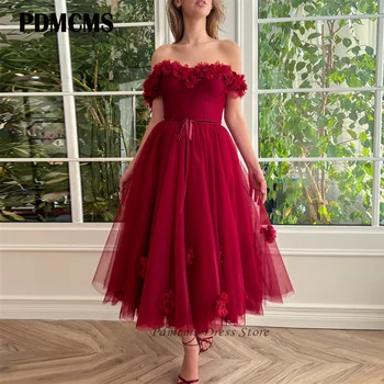 PDMCMS, бордо вечерни рокли от тюл с 3D цветя, абитуриентски рокли чай дължина миди с открити рамене, рокля за срещата на завършилите с цепка, секси вечерна рокля
