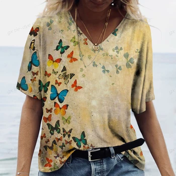 Женска тениска с принтом пеперуди, 3D памук, V-образно деколте, Модни Блузи с къс ръкав, 2023, Ежедневни базова дрехи за момичета, Дрехи в стил Харадзюку