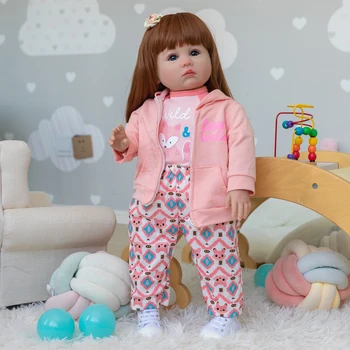 NPK 60 см Предизвикателство Кукла-Бебе Възстановената Малката Принцеса Джулия с Дълга Червена Коса в Розова Рокля Меки и Приятни Подаръци за Деца