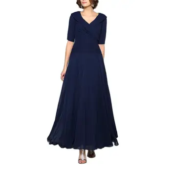 Красива тъмно синьо шифоновые дамски рокли трапецовидна форма, с къси ръкави и накъдрен, V-образно деколте, дължина до щиколоток, рокли за майката на булката големи размери