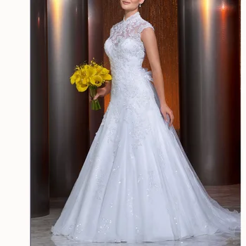 Сватбена рокля за жени с къс ръкав, бална рокля с високо завързана влак, сватбената рокля на поръчка, парти 2023