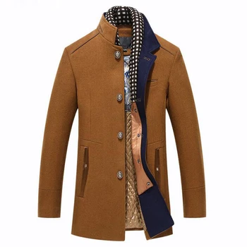 Мъжки вълнена палта, зимни кашмир яке, мъжки ежедневни ветровка, дълъг оборудвана тренч, палто от дебела вълна с подвижна шал