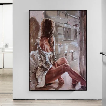 Абстрактна секси жена, седнала на пода Платно Картина художествена печат на Мислене на една жена Плакат на Маслената Живопис за спални Начало декор
