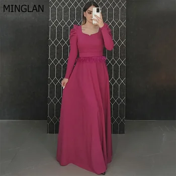 Модно рокля за бала MINGLAN с кръгло деколте и пера, с гънки на ръкавите, с дължина до пода, с дълги вечерни рокли с трапецовидна форма, новост 2023 година