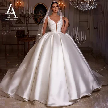 Луксозна Сватбена рокля LelaAcra без Ръкави 2023, Бална рокля с Перли и атлас, Кралския струята, принцесата Булка, SF06, големи Размери, Vestido de Noiva