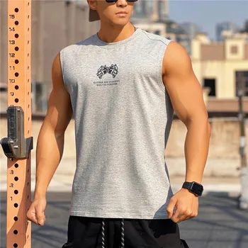 Мъжка спортна жилетка за фитнес; памучен риза без ръкави с модерен принтом; лятна бързосъхнеща дишаща облегающая майк за тренировки по баскетбол