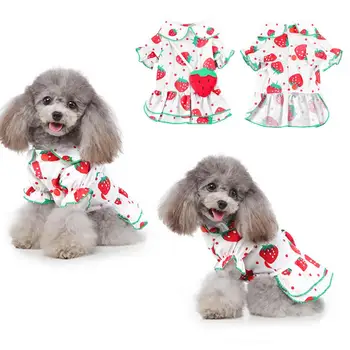 Стилна рокля за домашни любимци, нежна рокля за кученце, износоустойчиви сладки аксесоари с ягодов принтом, скъпа облекло за момичета и кучета