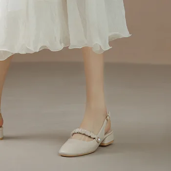 2022 марка дизайнерски летни обувки mary janes, сандали с квадратни пръсти и перлената катарама, дамски сандали на среден ток, сандали mujer