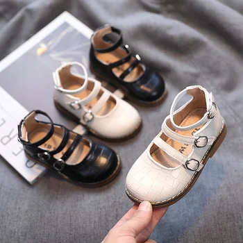 Нови обувки от изкуствена кожа Grils, Ежедневни обувки за момичета, есен-пролет, детска бежовата обувки от изкуствена кожа, Детска черни обувки на равна подметка в римски стил, с размери 21-30