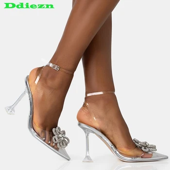 Дамски обувки-лодка; Дамски обувки на тънък висок ток; Колекция 2023 г.; пикантни елегантни летни модни дамски сандали с кристали; Обувки-слайдове с остри пръсти;