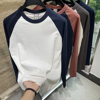 Японската Стилна Тениска Контрастен цвят в стил Мозайка с дълъг ръкав, Мъжки Летни Мода, Премиум Памук, Ретро Пуловер с кръгло деколте, Основни Блузи, Тениски