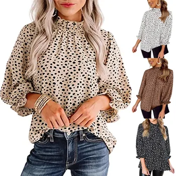 Женска тениска с дълги ръкави и рюшами с леопардовым принтом, блуза с имитация на вратата