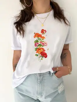 Акварел цвете, хубава тениска с къс ръкав на 90-те години, дамски модни и ежедневни дрехи, дамски лятна тениска с графичен принтом тениска
