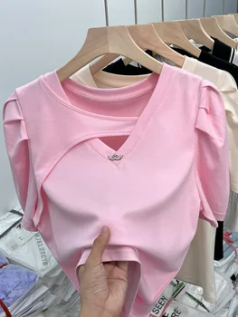 Дамски Розова тениска в Корейски стил Harajuku С кръгло деколте, Однотонная Тениска с къс ръкав Y2k, Реколта Модерна тениска, Съкратен топ, Лято 2023