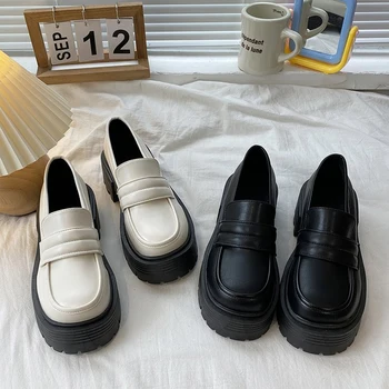 Малки кожени обувки в английски стил на дебела подметка, пролетни удобни лоферы без закопчалка, женски тънки обувки Mary Jane, дамски обувки на висок ток