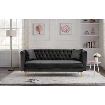 Модерен диван за хол с плосък подлакътник, черен триместен диван с две възглавнички, черно кадифе [В наличност в САЩ]