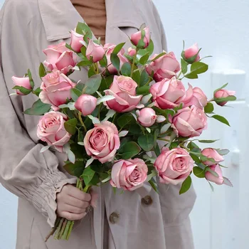 Букет от изкуствени рози с 5 глави, Дълъг конец копринен цвете, сватбен венец 