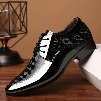 Мъжки кожени обувки, пролетно нова мода ярките бизнес официалната обувки, удобни дишащи мъжки обувки големи размери