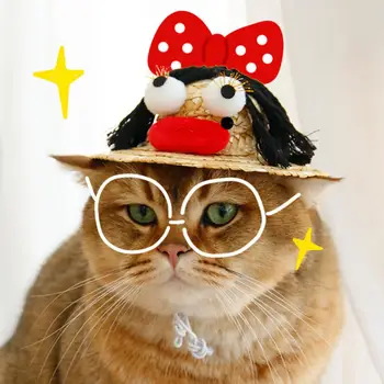 Прическа за котки Регулируема Сламена шапка с еластична лента за cosplay