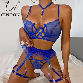 CINOON Секси бельо, комплект от 4 теми, ултра тънък прозрачен дантелен сутиен, комплект дамско бельо, луксозен еротичен сутиен с колани